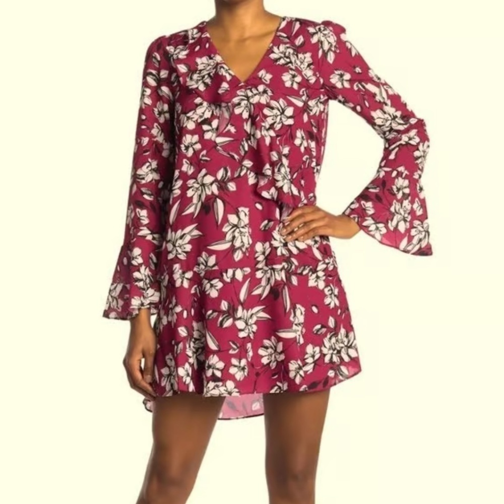 Parker Swing Dress Long Sleeve Cranberry White Print Trumpet Sleeve Ruffle Top